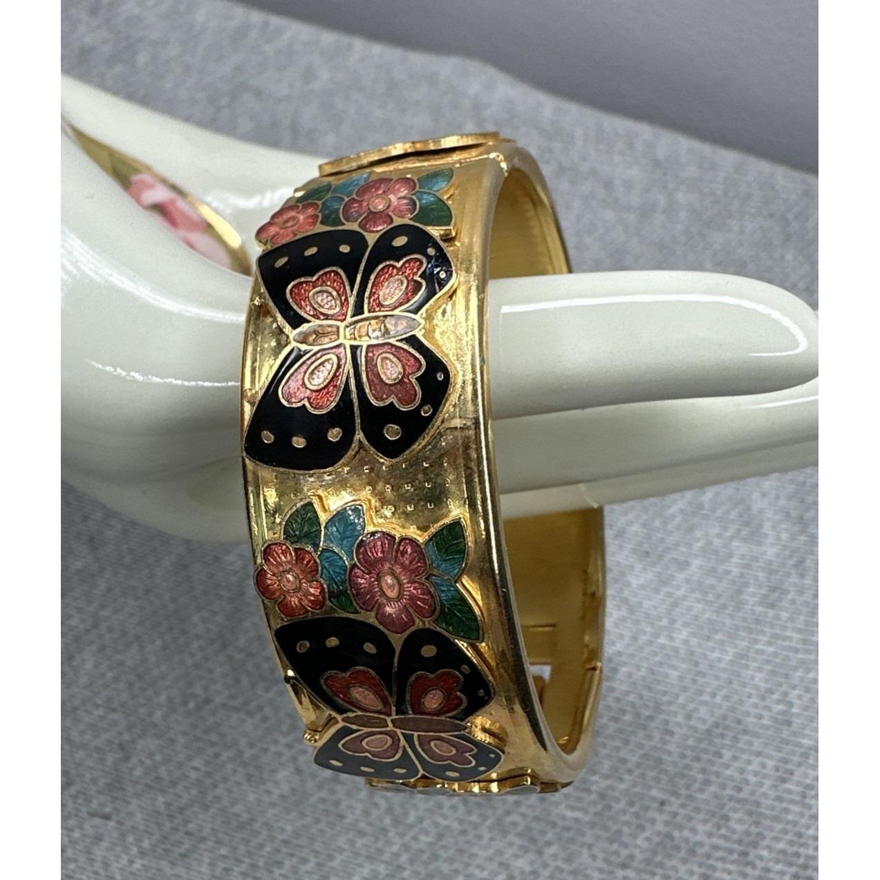 Vtg Cloisonn Bracelet 80s Gold Tone Butterfly Floral Safety Chain Bangel Euc 7"